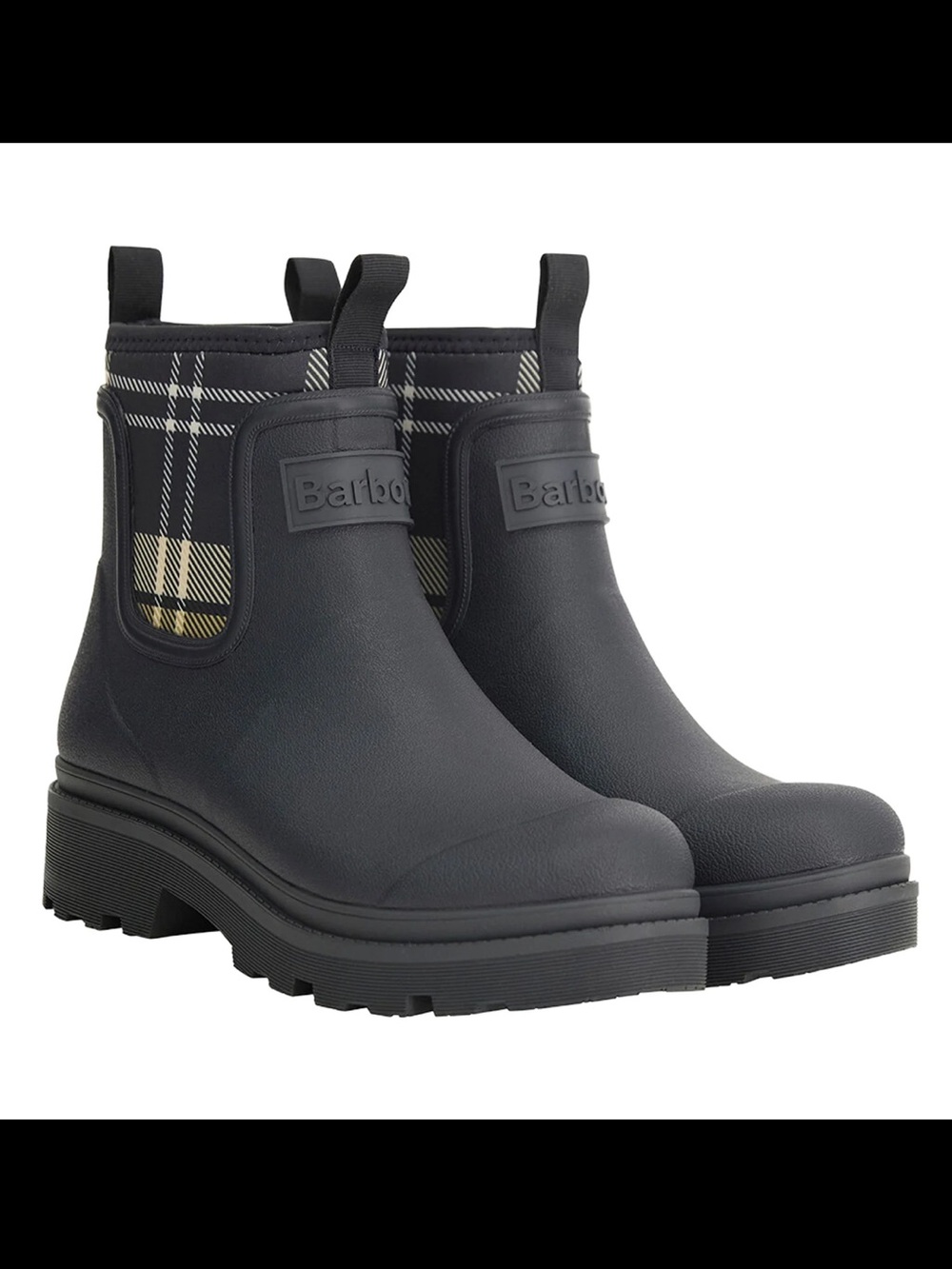 Barbour Navy Cynthia Chelsea Rain Ankle Boots with Plaid Trim